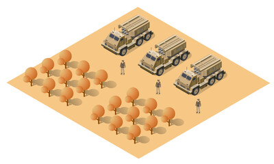 Multiple launch rocket systems army vehicles 3d vector illustration.