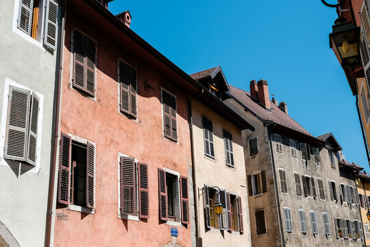 Annecy, France - September 2022: Detail Of The Bustling Houses Of The Old City Center, With Colorful House Facades.