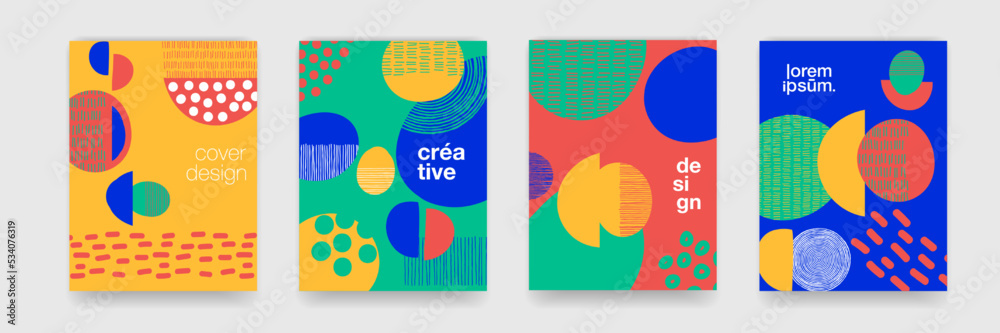 Aufkleber Fun doodle pattern backgrounds with abstract shapes and colors. Modern trendy cartoon pattern for funny brochure cover template, vector creative design