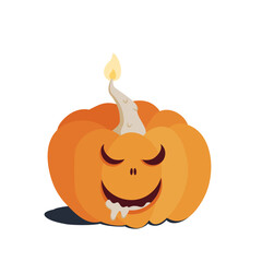 Orange Halloween pumpkin with burning candle and flowing wax, carved evil face. Isolated vector picture on a white background