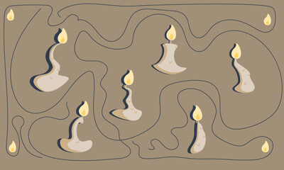 A set of six illustrations of burning candles of different shapes, beige color and dripping wax. Isolated vector picture on a brown background..