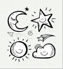 Set of black hand drawn doodle star,moon,sun,cloud in isolated on paper background.