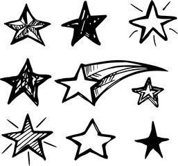 Set of black hand drawn doodle star  isolated on paper background.