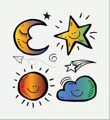 Set of black hand drawn doodle star,moon,sun,cloud in isolated on paper background.