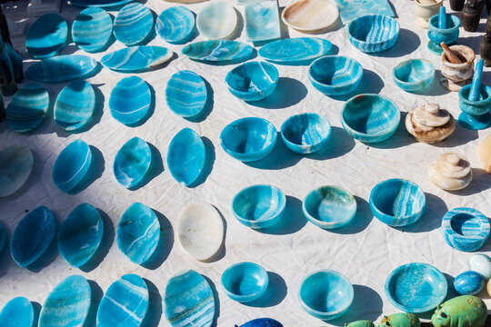 Blue Alabaster Stone Bowls At A Market In Luxor.