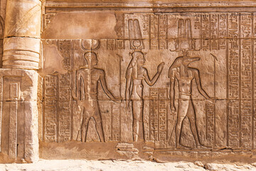 Carved mural featuring the crocodile god Sobek at the Kom Ombo temple. - obrazy, fototapety, plakaty