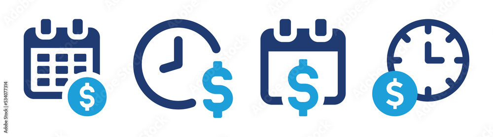 Poster annuity due icon set. containing calendar or clock symbol with dollar icon sign. vector illustration