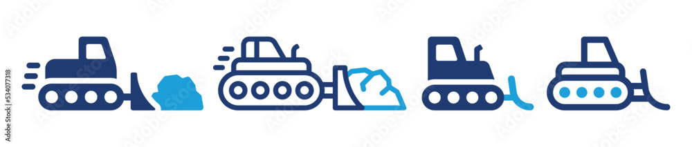 Poster Bulldozer icon set. Loader machine for earthmoving works removing soil, icon solid and outline design vector illustration.