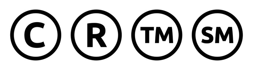 Set of registered trademark icon symbols in black design. Copyright sign. Vector illustration. - obrazy, fototapety, plakaty
