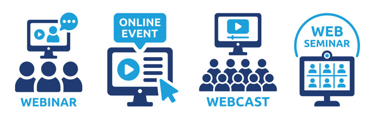 Webinar icon set. Web seminar or online event symbol. Webcast sign vector illustration. Business training concept. - obrazy, fototapety, plakaty
