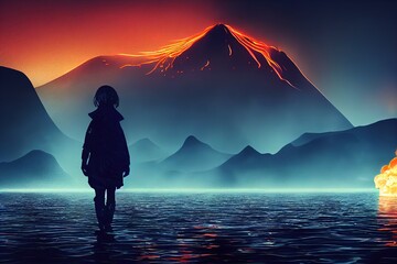 Night fantasy landscape with abstract mountains and isl. 3D render. Raster illustration.