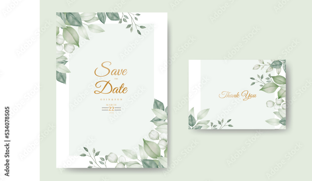 Wall mural watercolor wedding invitation card in green leaves