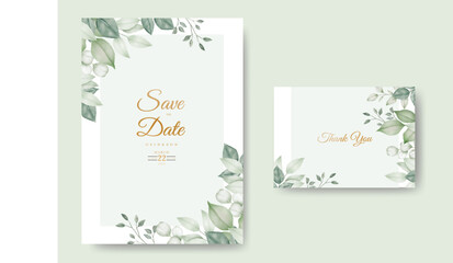 Fototapeta na wymiar Watercolor wedding invitation card in green leaves 