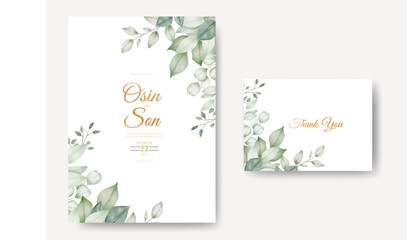 Watercolor wedding invitation card in green leaves 