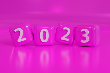 3d render year 2023 - pink cube plastic on pink background