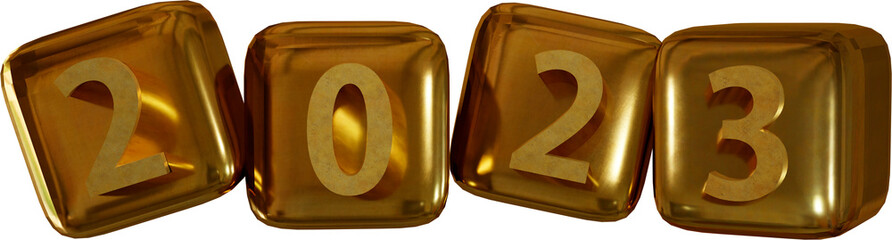  3d render year 2023 - golden cube plastic on transparent background