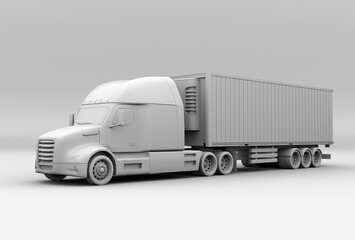 Clay rendering of heavy truck with reefer container. Cold chain concept. 3D rendering image.