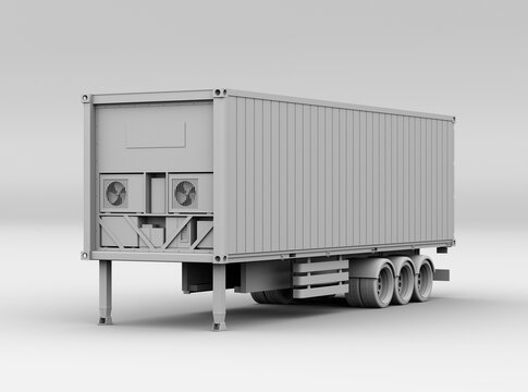 Clay rendering of single reefer container trailer. Cold chain concept. 3D rendering image.