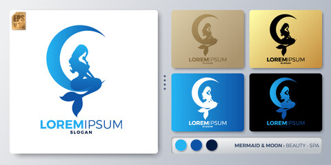 Mermaid vector illustration minimal Logo design. Blank name for insert your Branding. Designed with examples for all kinds of applications. You can used for company, indentity, beauty shop.