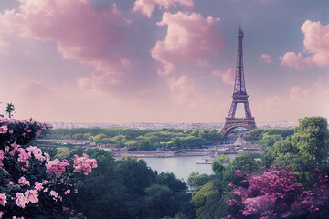 Eiffel Tower and fountain at Jardins du Trocadero, Paris, France. Travel background with retro vintage Pink clouds and flowers instagram filter AI Neural Network Generated Art Wallpaper - obrazy, fototapety, plakaty