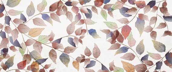 Abstract art background with dry autumn leaves on branches in a watercolor style. Hand drawn vector botanical banner for wallpaper design, decor, print, interior design