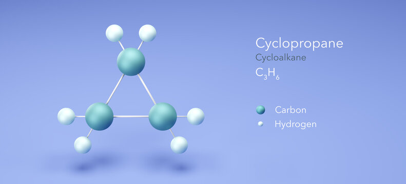 cyclopropane, molecular structures, cycloalkane, 3d model, Structural Chemical Formula and Atoms with Color Coding