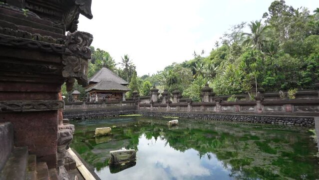 Bali Indonesia 1 October 2022 : Praying in holy spring water of sacred pool at Pura Tirta Empul Temple. People pray in the pool which fill of holy spring water as believed in Hindu religion