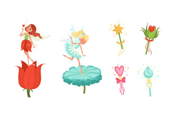 Beautiful little winged fairy girls on flowers and magic wands collection set cartoon vector illustration
