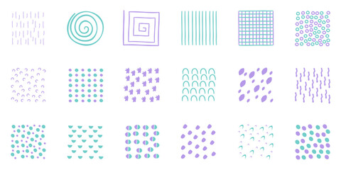 Abstrakcyjne elementy graficzne w minimalistycznym stylu. Zestaw ręcznie rysowanych elementów do tworzenia wzorów, zaproszeń, postów w mediach społecznościowych, plakatów, kartek. © Monika