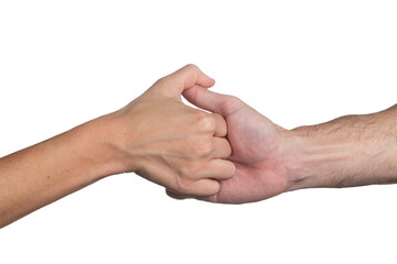Isolated thumb war hand gesture between a young man and woman