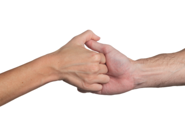 Isolated thumb war hand gesture between a young man and woman