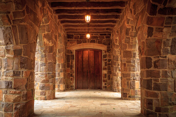 Underneath Berry College Campus Cathedral stone archways toward doors