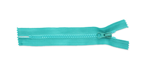 Turquoise zipper isolated on white, top view