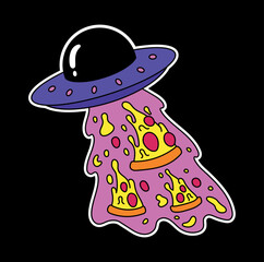 Abstract ufo icon. Aliens with pink beam steal slices of pizza. Comic and funny sticker for social networks in old style. Galaxy, cosmos, universe and space. Cartoon flat vector illustration