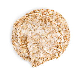 Tasty crunchy buckwheat cakes on white background, top view