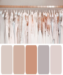 Color palette appropriate to photo of wedding dresses in boutique on rack in room