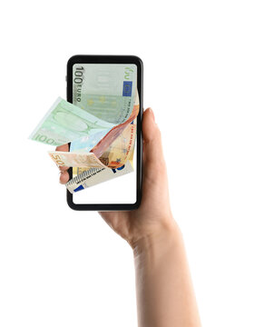 Woman holding smartphone with euro banknotes on white background, closeup