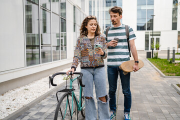 modern couple man and woman using mobile phone take selfie photos