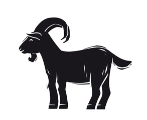Woodcut goat icon. Animal on farm, agriculture. Wild life and fauna, biology. Graphic element, poster or banner. Silhouette and logotype. Love and care for pets. Cartoon flat vector illustration