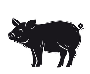 Woodcut pig icon. Black silhouette of animal on farm. Graphic element for printing on fabric. Sticker for social networks and messengers. Logotype and brand. Cartoon flat vector illustration