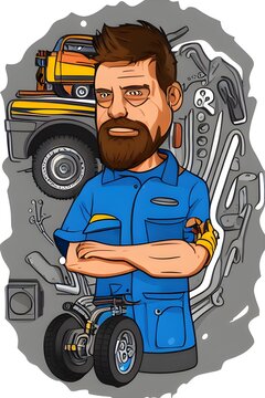 This Illustration Depicts Mechanic At Work. The Illustration Has A Vibrant, Primary Color Scheme That Projects Professionalism And Modernity.