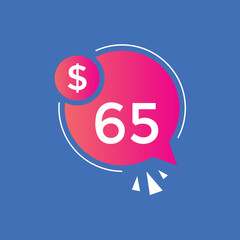 65 dollar price tag. 65$ dollar USD price symbol. price 65 Dollar sale banner in USD. Business or shopping promotion marketing concept
