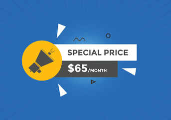 $65 USD Dollar Month sale promotion Banner. Special offer, 65 dollar month price tag, shop now button. Business or shopping promotion marketing concept
