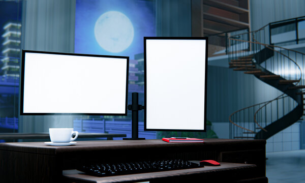 Wood Grain Office Computer Desk With Stand For Dual Monitors. The Computer Desk Has A Keyboard Holder. Work At Home Or Home Office Looks Like A Condo. 3D Rendering