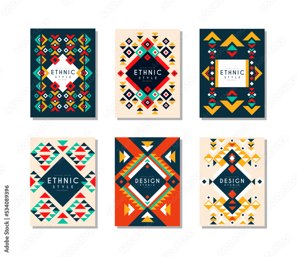 Wall mural Ethnic style card templates set. Bright geometric banner, brochure, poster, cover, flyer design cartoon vector illustration