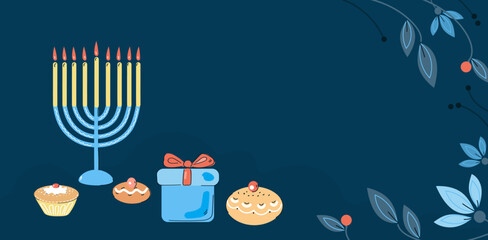 Jewish holiday Hanukkah greeting card and banner design. flat doodle vector illustration.