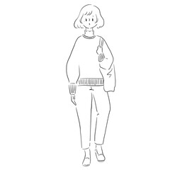 エコバックを持った女性の全身手描きイラスト素材　線画