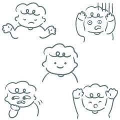 様々な表情の男性　顔バストアップ手描きイラスト素材セット　線画