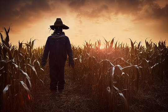 Creepy scarecrow standing in a corn field, painting illustration