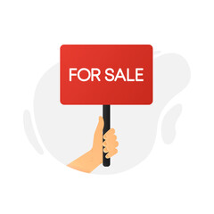 Red lettering For Sale. The hand holds a flag, a sign with an inscription. Vector illustration.